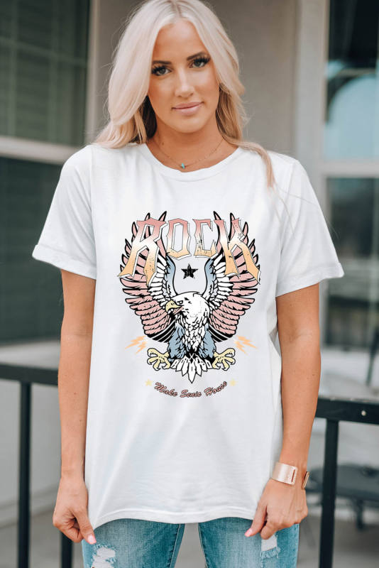 White ROCK &amp; Eagle Graphic Round Neck Tee  LC25221210-1