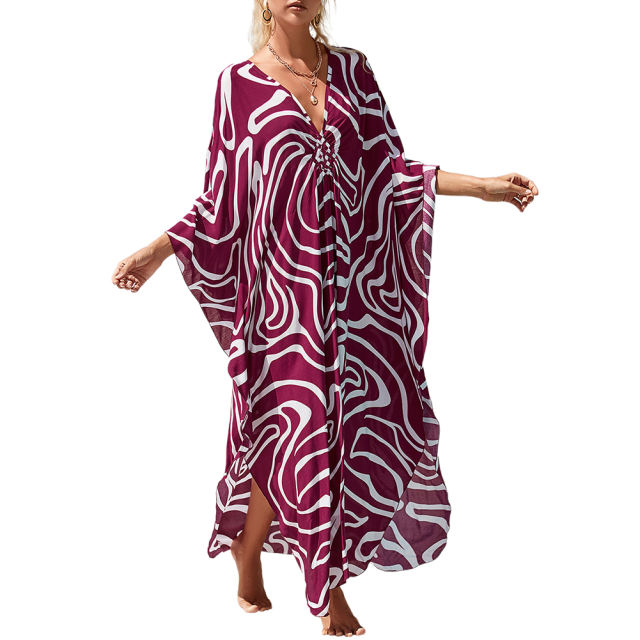 Purplish Red Print Long Kinimo Beachwear TQL310062-32