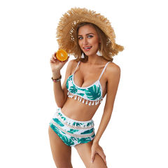 Green Pom Pom Mesh Insert Fringe Bikini
