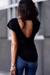 Black Hollow-out Back Cap Sleeve T-shirt LC25219425-2