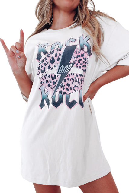 White ROCK AND ROLL Leopard Lip Lightning Oversized Graphic Tee LC25220775-1