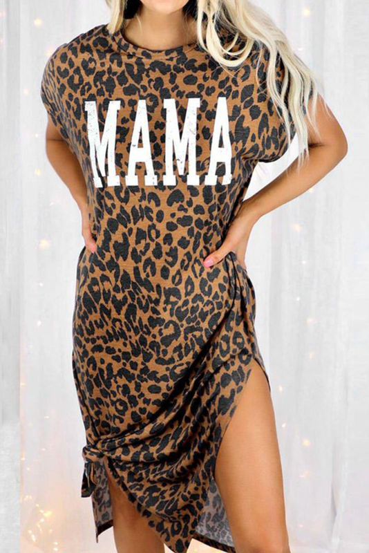 Leopard MAMA Letter Print Slit T-Shirt Dress LC6115144-20