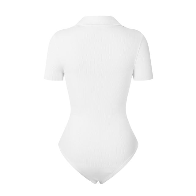 White Ribbed Deep V Neck Short Sleeve Bodysuit TQL550085-1