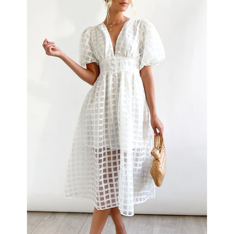 White V Neck Puff Sleeve Casual Party Dress TQG310045-1