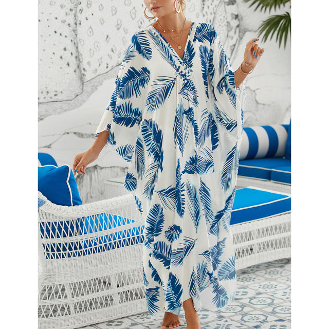 Blue White Print Long Kinimo Beachwear TQL310062-86