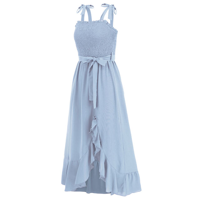Light Blue Bow Knot Straps Irregular Slit Maxi Dress TQK311559-30