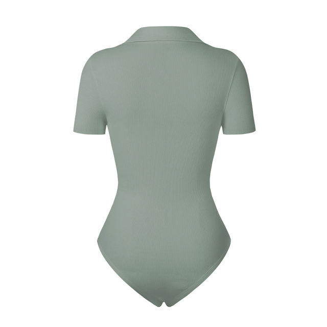 Light Green Ribbed Deep V Neck Short Sleeve Bodysuit TQL550085-28