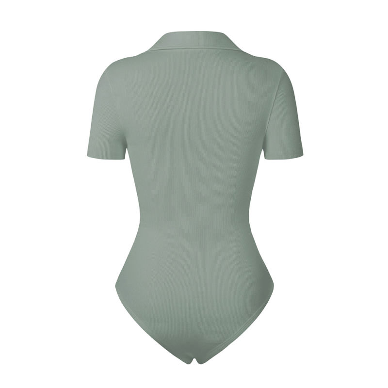 Light Green Ribbed Deep V Neck Short Sleeve Bodysuit TQL550085-28