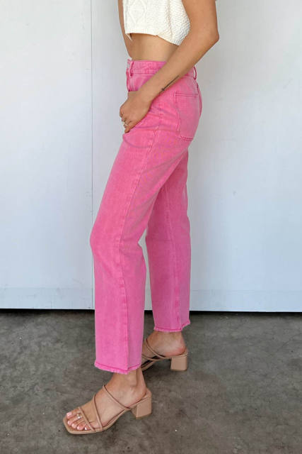 Pink Ankle-length Flare Leg Raw Hem Jeans LC7711675-10
