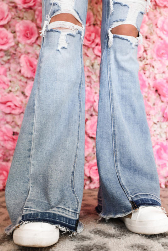 Sky Blue Light Wash Distressed High Rise Flare Jeans LC7873323-4