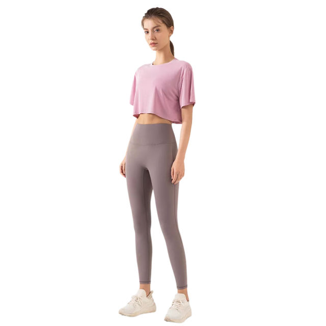 Pink Loose Crop Top and Gray High Waist Yoga Pants Set TQE71335-5-8
