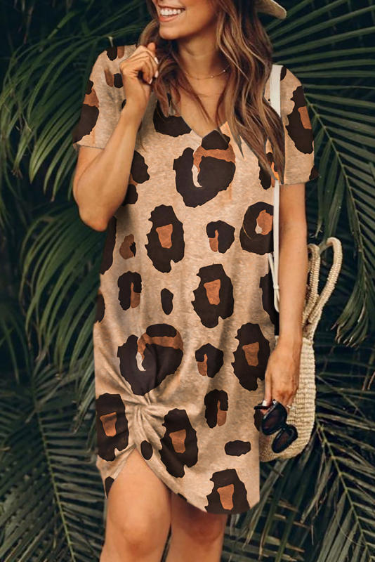 V Neck Leopard T-shirt Dress with Twist LC6114199-20