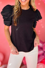 Black Ribbed Puff Short Sleeve Top LC25220164-2