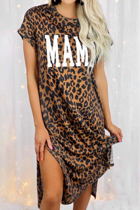 Leopard MAMA Letter Print Slit T-Shirt Dress LC6115144-20