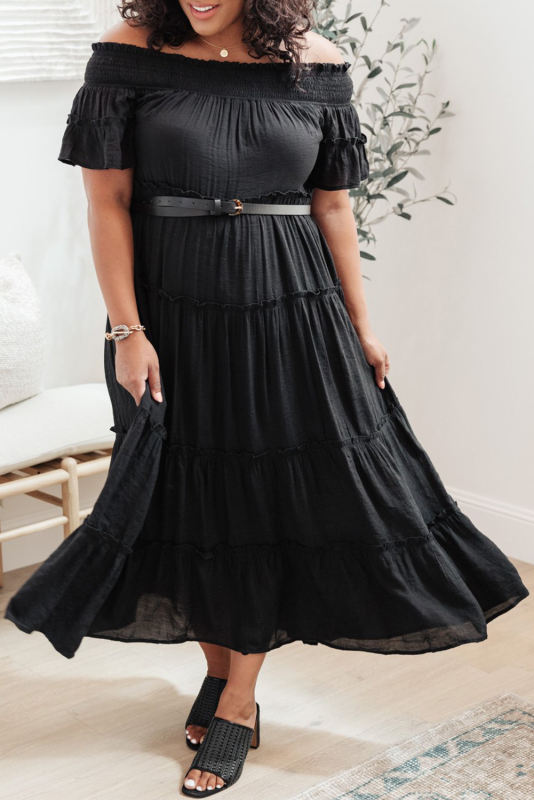 Black Plus Size Smocked Off Shoulder Frill Tiered Maxi Dress PL61518-2