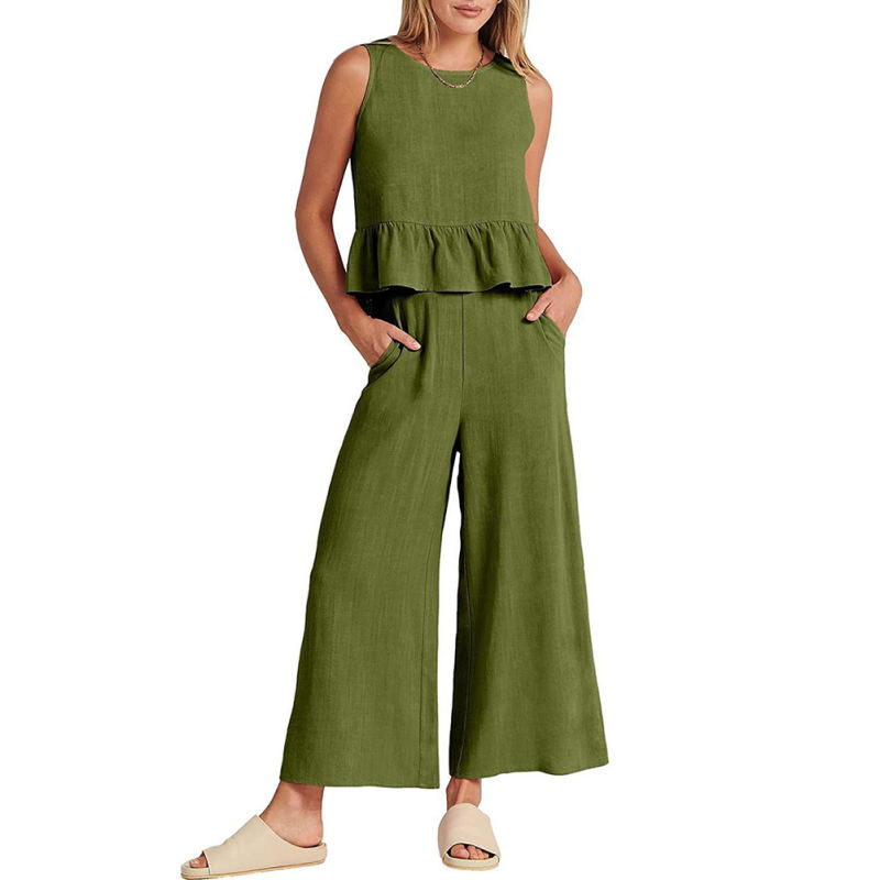 Green Sleeveless Pleated Tank and Wide Leg Pants set TQL710162-9