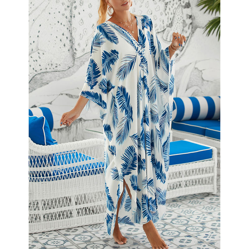 Blue White Print Long Kinimo Beachwear TQL310062-86