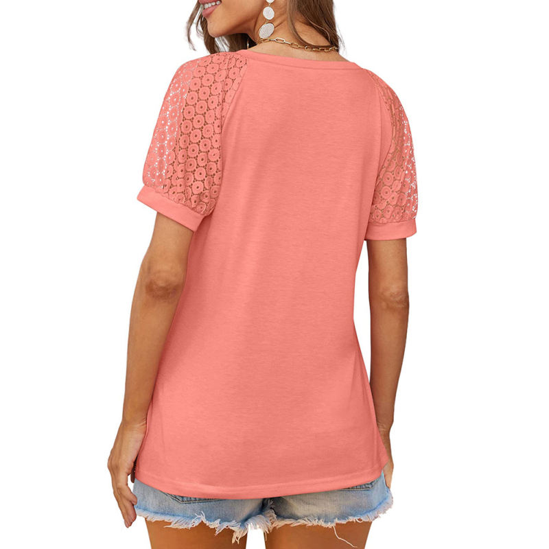 Pink Spliced Lace Short Sleeve V Neck Tops TQX210302-10