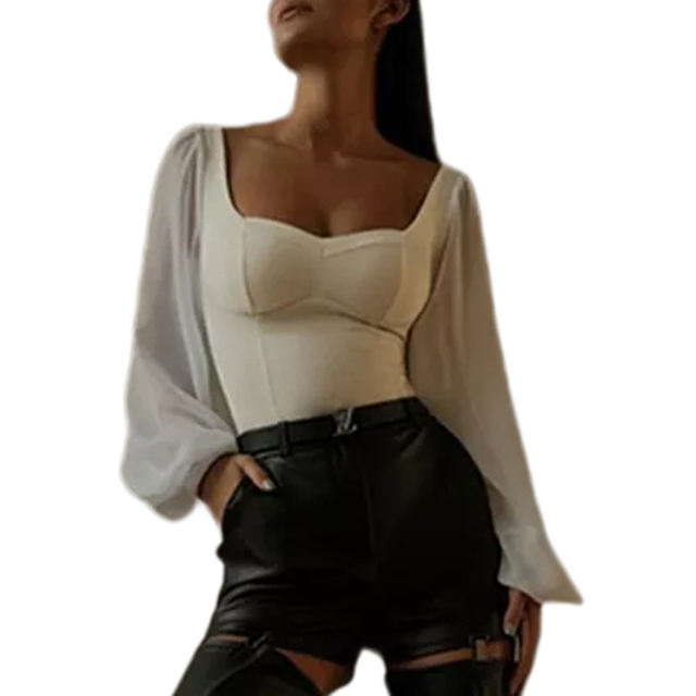 White Square Neck Backless Long Sleeve Bodysuit TQV220164-1