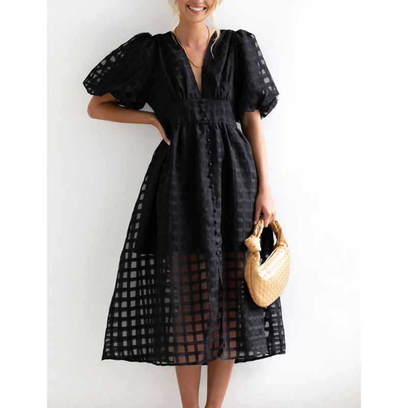 Black V Neck Puff Sleeve Casual Party Dress TQG310045-2