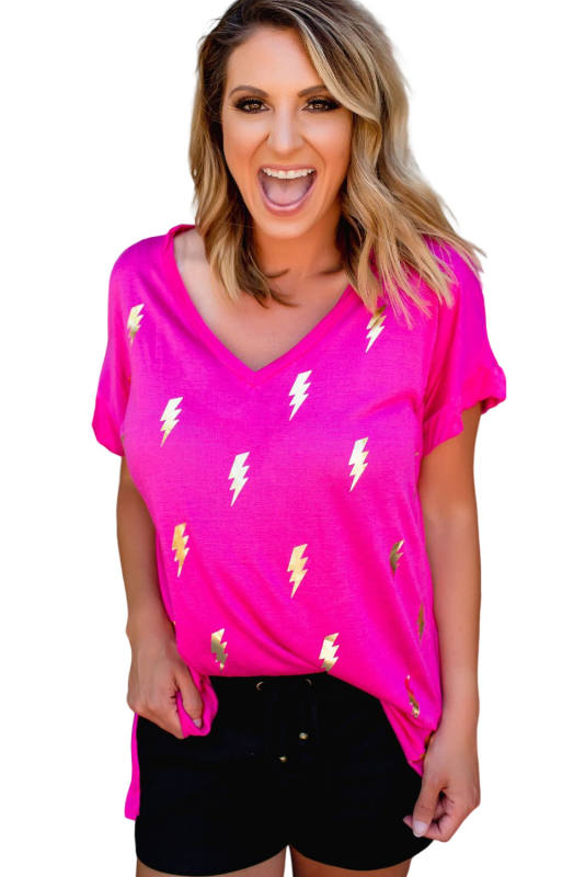 Rose Shiny Lightning Print V Neck Loose T Shirt LC25220437-6