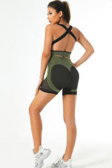 Green Textured U Neck Criss Cross Sports Bra LC264395-109