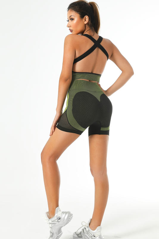 Green Textured U Neck Criss Cross Sports Bra LC264395-109