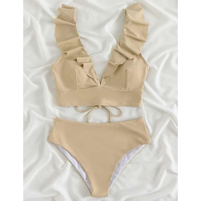 Apricot k Ruffle Sleevelss Drawstring Bikinis Set TQX610040-18