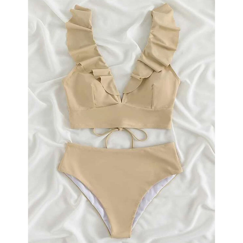 Apricot k Ruffle Sleevelss Drawstring Bikinis Set TQX610040-18