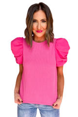 Rose Ribbed Puff Short Sleeve Top LC25220164-6