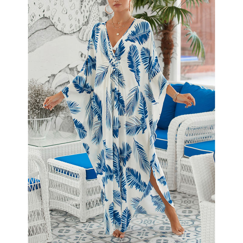 Blue White Print Long Kinimo Beachwear TQL310062-86
