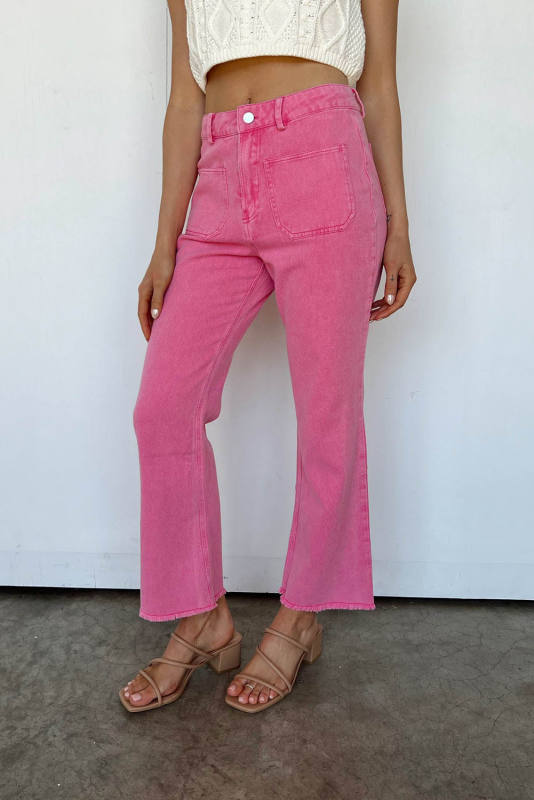 Pink Ankle-length Flare Leg Raw Hem Jeans LC7711675-10