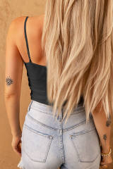 Black Mesh Patch V Neck Ribbed Knit Tank Top LC2567985-2