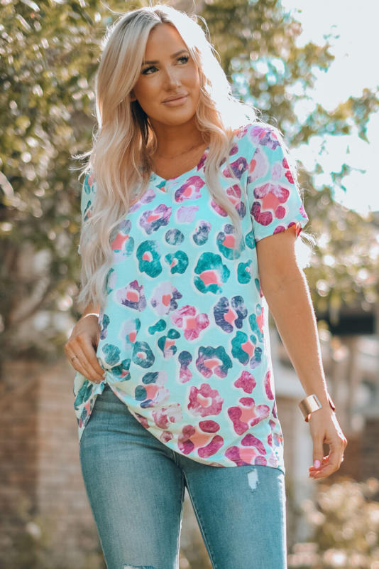 Leopard V Neck Short Sleeves T-Shirt LC25220971-20