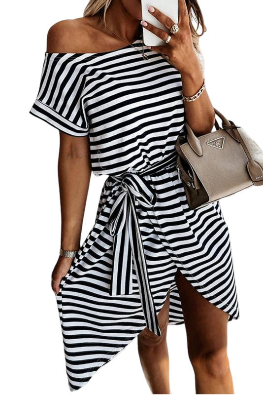 Black Stripe Short Sleeve Belted Wrapped Hemline T-Shirt Dress LC6116173-2