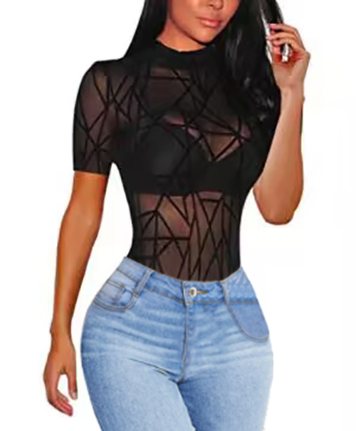 Black Sheer Mesh Mock Neck Short Sleeve Tops TQL820135