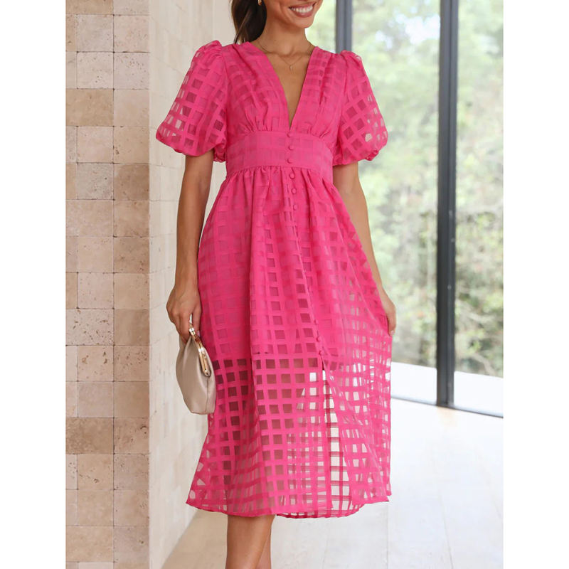 Rose V Neck Puff Sleeve Casual Party Dress TQG310045-6