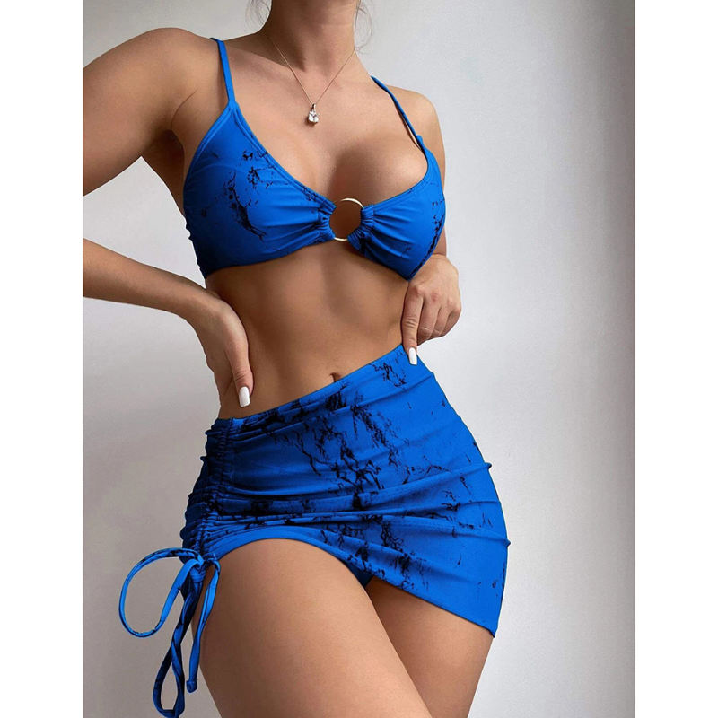 Blue Printed 3pcs Bikini and Skirt Swim Set TQG610003-5