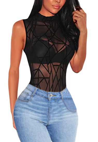 Black Sheer Mesh Sleeveless Geometric Velvet Tank Top TQL820136