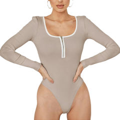 Apricot Ribbed Zipper Long Sleeve Bodysuit TQV220165-18