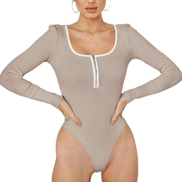 Apricot Ribbed Zipper Long Sleeve Bodysuit TQV220165-18