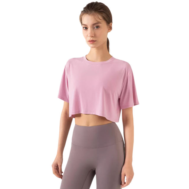 Pink Loose Crop Top and Gray High Waist Yoga Pants Set TQE71335-5-8