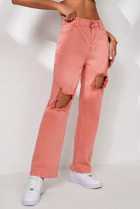 Pink High Waist Ripped Straight Leg Pocket Jeans LC7873435-10