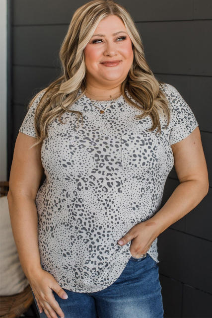 Gray Plus Size Spotted Animal Print Chest Pocket T-shirt PL252238-11