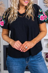 Black Floral Embroidered Bubble Sleeve Frill V Neck Top LC25120903-2