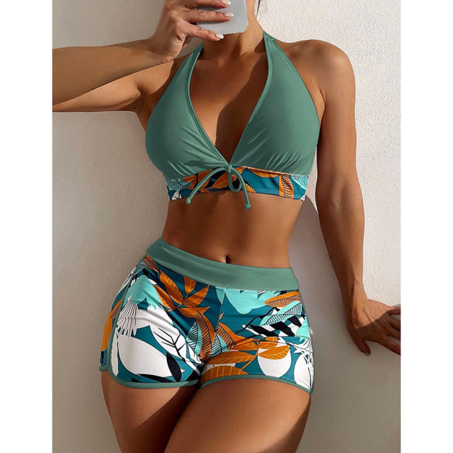 Army Green Halter Bikini and Tropical Print Boardshorts TQG610001-27
