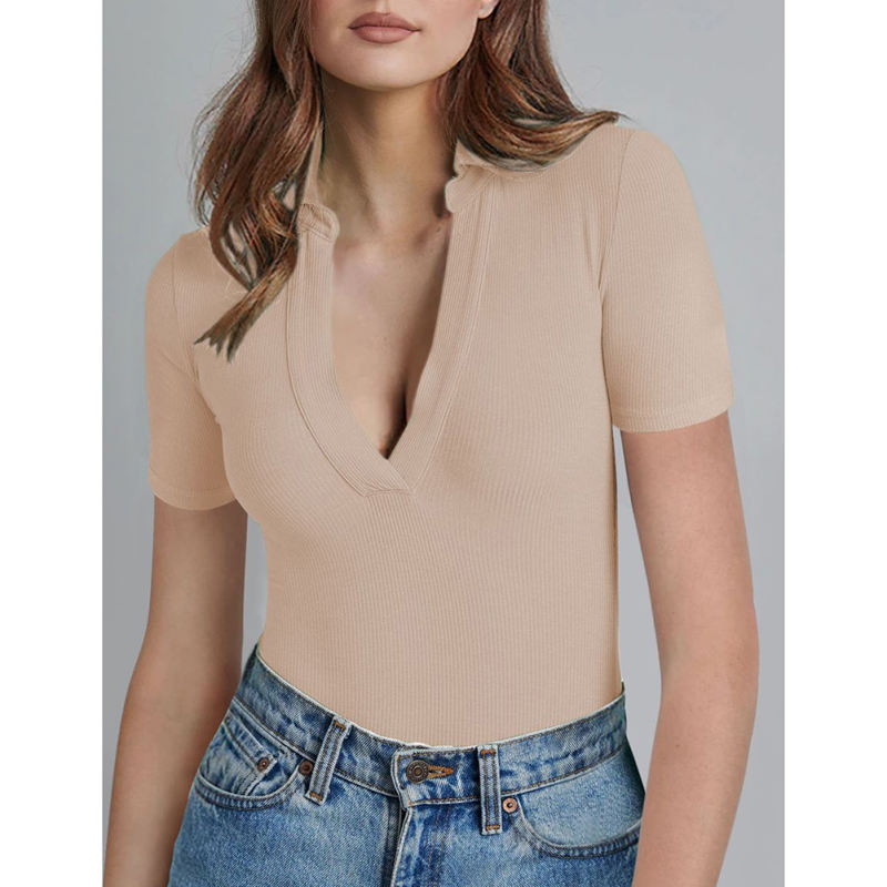 Khaki Ribbed Deep V Neck Short Sleeve Bodysuit TQL550085-21