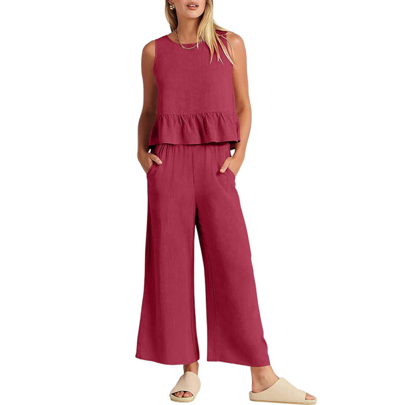 Red Sleeveless Pleated Tank and Wide Leg Pants set TQL710162-3