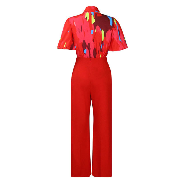 Orange Red Floral Blouse with Wide Leg Pants Set TQG710004-55