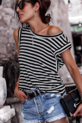 Black Striped Butterfly Sleeve T Shirt LC25219423-2